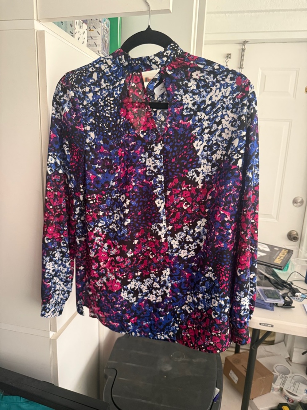 Nine West Floral Tie-Neck Blouse in Pink, Blue, White